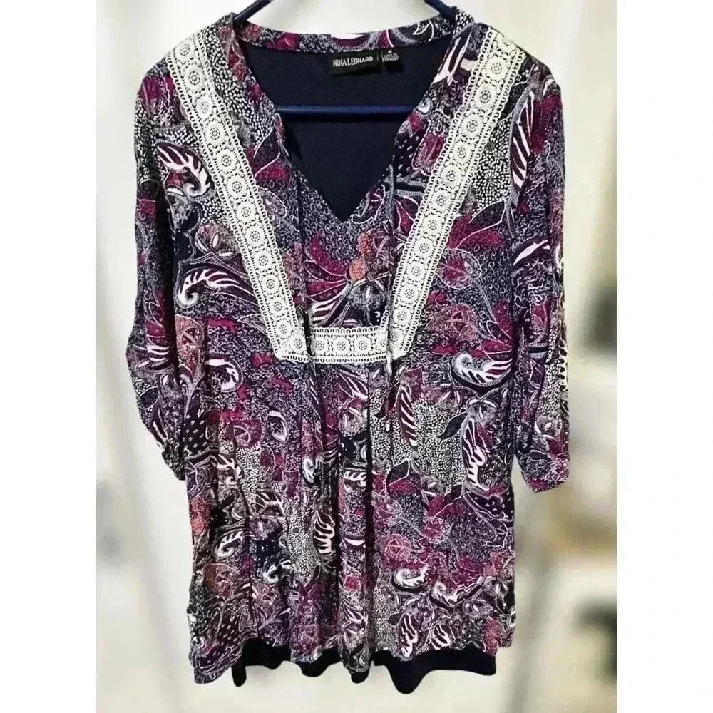 Nina Leonard Boho Paisley Lace Lined Dress, Size Medium